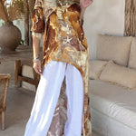 CHICME Women's Marble Print Long Sleeve Blouse Loose Fit High-Low Hem Tunic Top