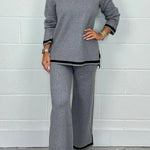 Solid Color V-neck Long-sleeved Loose Top and Elastic Waist Wide-leg Pants Set