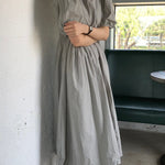 Original Loose Solid Color Pleated Puff Sleeves Midi Dress