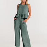 Nadorine 2 Piece Outfits Sleeveless Ruffle Tank Crop Top and Wide Leg Pants Lounge Set with Pockets