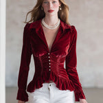 Fashionable Retro Red Velvet Pleated Ruffled Long-sleeved Shirt