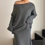 Elegant Knitted Two Pieces Sets One-shoulder Sweater Top Elastic Waist Fishtail Skirt