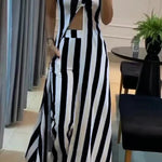 Striped Print Off-Shoulder Long Casual Top and Loose Pocket Straight Pants Set