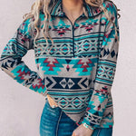 Geometric Print Sweatshirts Retro Long Sleeve Bohemia Loose Fit Zip Up Pullover