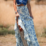 Southern Floral Print Ruffled Slit Maxi Skirt