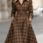 High Waisted Three-Quarter Sleeves Belted Buttoned Plaid Pleated Pockets Lapel Midi Dresses