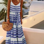 Strap Stripe Print V Neck Boho Long Maxi Dress Summer Flowy Tie Waist Beach Sundress