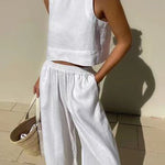 Solid Color Round-Neck Sleeveless Vest + Elasticity Wide Leg Pants Two Pieces Set