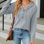 Solid Color Hooded Loose-Fitting Long-Sleeved Sweatshirt with Buttons