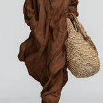 Women's Chocolate Linen Dress With Relaxed Silhouette & Long Sleeves, Timeless Boho-Casual Style Dress