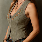 Olive Suede Boho Embroidered Corset Vest With Lace Trim