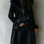 Elegant Tailoring Long Black Velvet Coat With Eco Fur Collar & Cuffs
