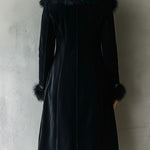 Elegant Tailoring Long Black Velvet Coat With Eco Fur Collar & Cuffs