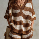 Retro Striped Knitted Batwing Sleeve Sweater & Shorts Set