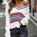 Striped Contrast V-Neck Dropped Shoulder Sweater