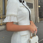 Elegant Plisse Tweed Pearl Trim Velvet Bow Design Formal Midi Dress