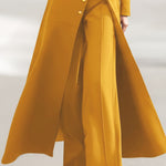 High Waisted Long Sleeves Buttoned Solid Color Split-Front Round-Neck Midi Dresses