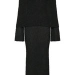 Marisol Ribbed Boucle Material Draped Off Shoulder Stretch Vacation Maxi Dress