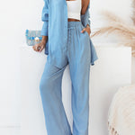 Solid Color High-Low Long Sleeves Lapel Blouses + Drawstring Pants Two Pieces Set