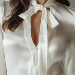 Ivory Satin Tie-Neck Long Sleeve Blouse With Keyhole Detail