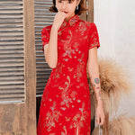 Burgundy&Red Plum Blossom Print Stand Collar Short Cheongsam