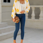 Nadorine Women's Cute Daisy Knit Cardigan Long Sleeve Casual Flower Open Front Sweater Tops