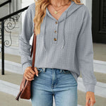 Solid Color Hooded Loose-Fitting Long-Sleeved Sweatshirt with Buttons