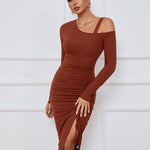 Sexy Drawstring Slit Off Shoulder Long Sleeve Dress