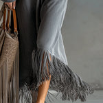 Elegant Silhouette Grey Denim Tassel Long Sleeve Maxi Dress