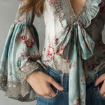 Vintage Tie Front Floral Silk Blouse With Lace Bell Sleeves
