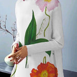 Long Sleeves Loose Flower Print High Neck Midi Dresses
