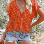 Nadorine Women's Boho Floral Print V Neck Short Sleeve Drawstring Tops Loose Blouses Button Down Shirts