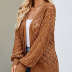 Solid Color Hollowed Out Knitted Cardigan Loose V-Neck Long Sleeved Cardigan Top
