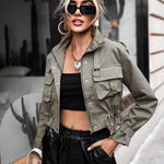 High Neck Zip Up Snap Button Front Flap Pockets Design Cargo Biker Jacket Casual Drawstring Crop Coat