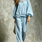 Loose V-Neck Lantern Sleeve Casual Chic Trouser Set