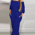 Off Shoulder V Back Elastic Waist Pockets Design Jumpsuit Casual Drop Shoulder Cinched Waist Wide Leg Jumpsuit
