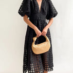 Nadorine Women's Deep V Neck Short Puff Sleeve Plaid Midi Dress Elegant Button Front Beach Flowy Dress