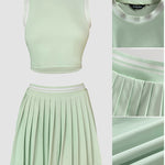 2 Pieces Outfit Round Neck Sleeveless Crop Tank Top and Elastic Waist Pleated Mini Skirt Set Casual Contrast Paneled Set
