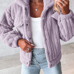 Textured Striped Turn-down Collar Button Front Elastic Cuff and Hem Teddy Fleece Jacket With Decorative Flap Pockets