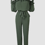 Frill Trim Off Shoulder Short Sleeve Tie Waist Overalls Casual Textured Jumpsuit
