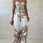 Palm Tree Print Bandeau Twist Front Backless Tie Back Overalls Casual Hollow-out Front Wide Leg Jumpsuit