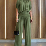 Women's Batwing Sleeve Jumpsuit High Waisted Ruched Wide Leg Overalls Elegant One Piece Outfit