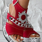 Newspaper Rhinestone Gear Pattern Slingback Platform Wedge Sandals