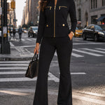 Women's 2 Piece Tracksuit Set Gold Zip Crewneck Jacket and High Waist Flare Pants Set
