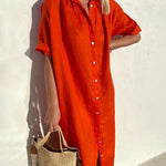 Turn-Down Collar Short Sleeve Single Breasted Loose Shirt Dress Solid Color Summer Beach Dresses