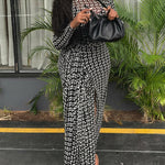 Geometric Print Long Sleeve Waist Tied Detail Maxi Dress Casual Slim Fit Slit Vacation Dress
