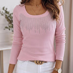 Women's Square Neck Long Sleeve Top Rhinestone Ribbed Knit Shirt Slim Fit Casual Sparkly Tee