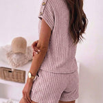 Women's Ribbed Knit 2 Piece Outfits V Neck Short Sleeve Top and Drawstring Shorts Set Casual Lounge Suits with Pockets
