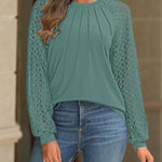 Contrast Lace Round Neck Lantern Sleeve Ruched Blouse Elegant Shirt