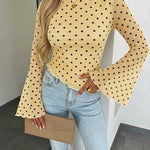 Women's Polka Dot Mesh Top Flare Long Sleeve Boat Neck Lined Asymmetric Frill Hem Blouse Vintage Party Shirt